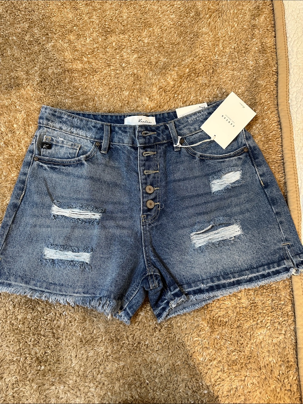 KanCan Medium Blue Distressed Button-Fly Denim Shorts